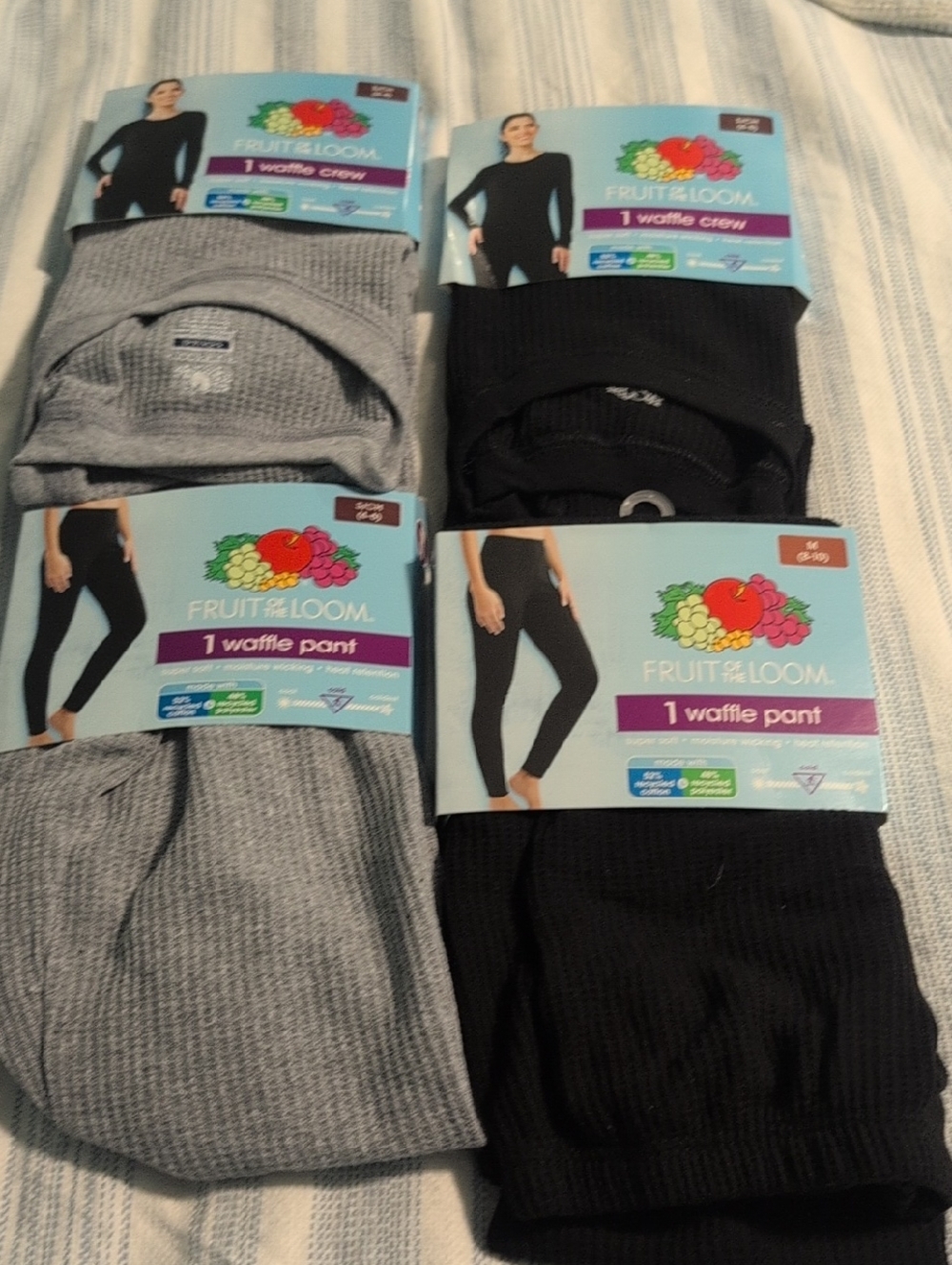 Fruit of the Loom Black & Gray Waffle Knit Pants and Shirts- 2 Sets